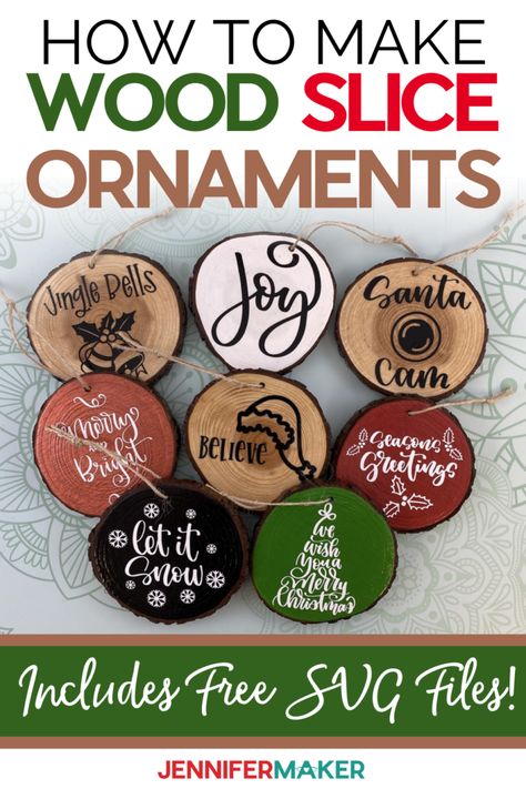 Woodland Christmas Ornaments Diy, Homemade Wooden Ornaments, Wooden Slices Ideas Christmas, Cricut Wood Ornaments, Wood Circle Ornaments Diy, Wood Round Christmas Ornaments, Cricket Ornaments, Wooden Ornaments Diy Wood Slices, Round Wooden Christmas Ornaments