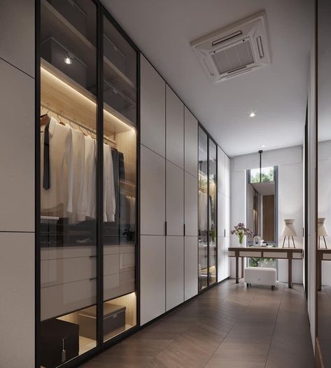 Walk In Wardrobe Modern, Dressroom Ideas, Modern Walk In Wardrobe, Bedroom Design Contemporary, Walk In Closet With Vanity, Dress Room, Dream Closet Design, Walk In Closet Design, Closet Design Layout