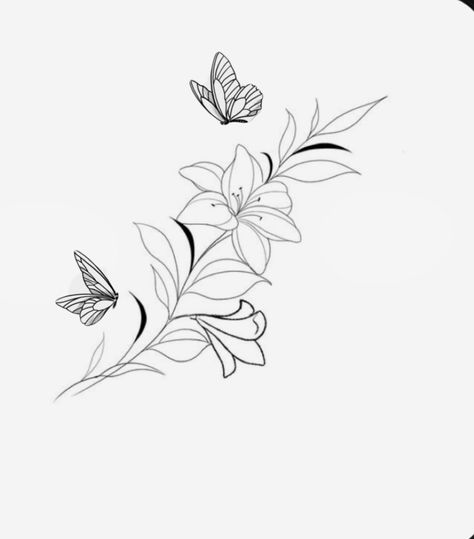 Butterfly Lilly Flower Tattoo, Water Lily Tattoo Stencil, Water Lily Arm Tattoo, Water Lilly Tattoo Small Simple, Lily With Butterfly Tattoo, Water Lily Spine Tattoo, Butterfly And Lily Tattoo, Simple Lily Tattoo, Ribcage Flower Tattoo