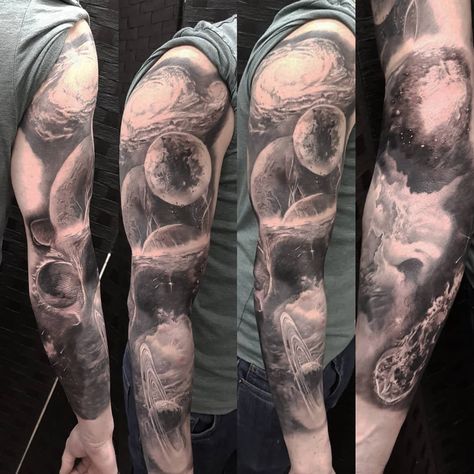 Tattoo Sleeve Space, Space Themed Sleeve Tattoo, Half Sleeve Space Tattoos, Cosmic Tattoo Ideas, Space Realism Tattoo, Outer Space Half Sleeve Tattoo, Space Tattoo Sleeve, Cosmos Tattoo, Cosmic Tattoo