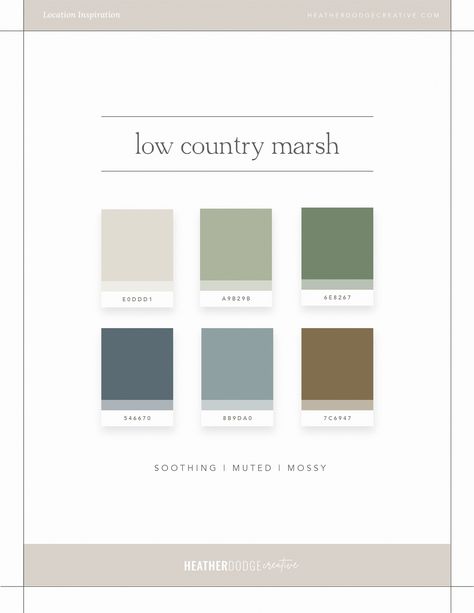 Low Country Marsh color palette inspirations, muted natural colors, earthy inspired color palette | Check out this free guide to discover 20 gorgeous color palettes, inspired by 4 seasons, 10 locations, and 6 decades. Find the vibe for your next brand redesign, home décor, photo shoot wardrobe or just an afternoon daydream. | Heather Dodge Creative | Web Design & Branding Studio Low Country Color Palette, Southern Home Color Palette, Coastal Grandmother Color Palette, English Cottage Colors Palette, Backyard Color Palette, Moody Coastal Color Palette, Natural Blue Color Palette, Country Colour Palette, Coastal Cottage Color Palette