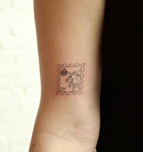 Arm Stamp Tattoo, Dainty Stamp Tattoo, Arm Dainty Tattoo, Tiny Stamp Tattoo, Feminine Upper Arm Tattoo, Tiny Apple Tattoo, Peach Stamp Tattoo, Italian Stamp Tattoo, Italian Style Tattoos