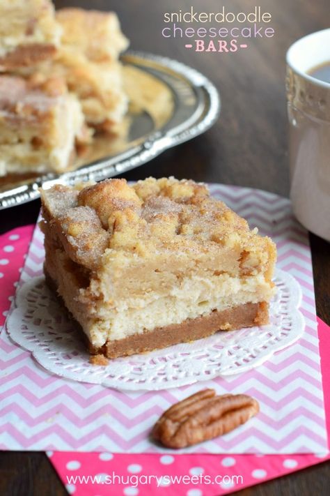 Snickerdoodle Cheesecake Bars: delicious sweet and salty crust, creamy cheesecake filling topped with a cinnamon sugar pecan cookie! #thinkfisher Snickerdoodle Cheesecake Bars, Snickerdoodle Cheesecake, Chewy Bars, Lemon Cheesecake Bars, Coconut Dessert, Shugary Sweets, Cheesecake Bar Recipes, Slow Cooker Desserts, Brownie Desserts