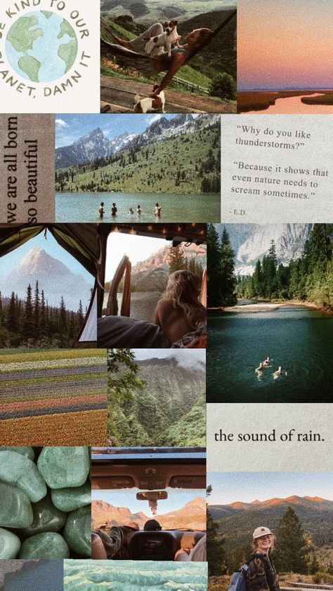 Environmentalist Aesthetic Wallpaper, Granola Collage Wallpaper, Aesthetic Outdoors Wallpaper, Granola Vibes Aesthetic, Granola Girl Vision Board, Erin + Core + Aesthetic, Aesthetic Pleasing Wallpaper, Mountain Collage Wallpaper, Environmentalist Wallpaper