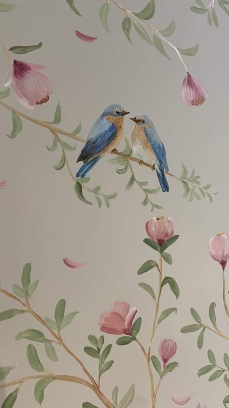 Bird Mural Wall, Hand Painted Walls Flowers, Bedroom Murals Painted, Wall Painting Ideas Bedroom Unique, Bird Mural, Wall Painting Ideas, Bird Painting Acrylic, Birch Tree Art, Print Design Art