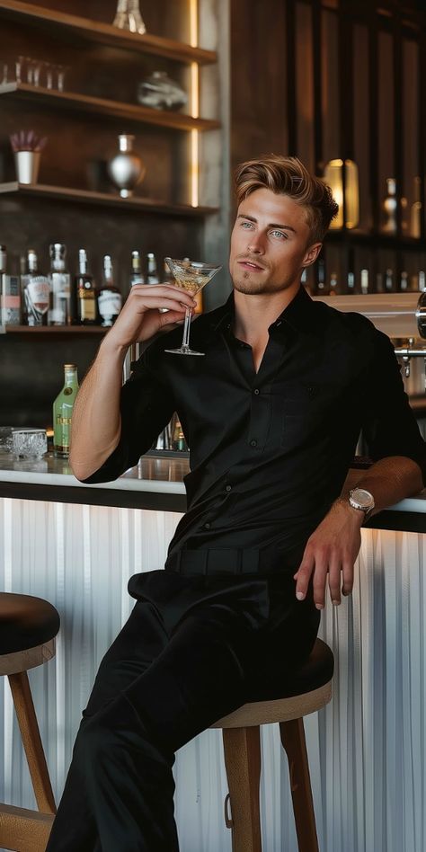 Leaning On Bar Pose, Male Lifestyle, Mens Poses, Holiday Editorial, Business Man Photography, Wine Birthday, Men's Portrait Photography, Luxury Street Style, Cheer Poses