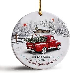 Truck Christmas Decor, Red Truck Decor, Ceramic Christmas Decorations, Farmhouse Christmas Ornaments, Red Truck Christmas, Red Christmas Decor, Farmhouse Ornaments, Vintage Red Truck, Cozy Christmas Decor