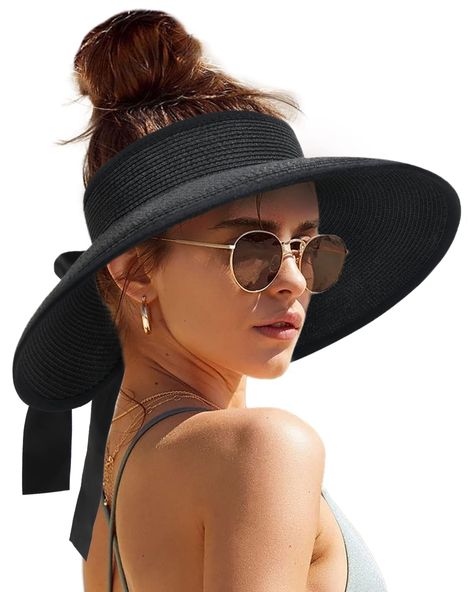 PRICES MAY VARY. Sun Hat Women - This wide brim women sun hat is made of high quality paper straw, light weight, breathable and comfortable, functional and stylish Wide Brim Visor for Women - Sun straw hat with wide brim(4.7inch) for blocking out the sunlight, gives you great sun protection all over the face and neck, protection against direct skin exposure to harmful sun UV Rays – perfect for the beach, hiking, camping, gardening, and other outdoor activities Open-top Design Sun Visor - If you Visors For Women, Italian Hat, Hat Ponytail, Straw Visor, Black Bucket Hat, Beach Hats, Sun Visor Hat, Running Hats, Visor Hat