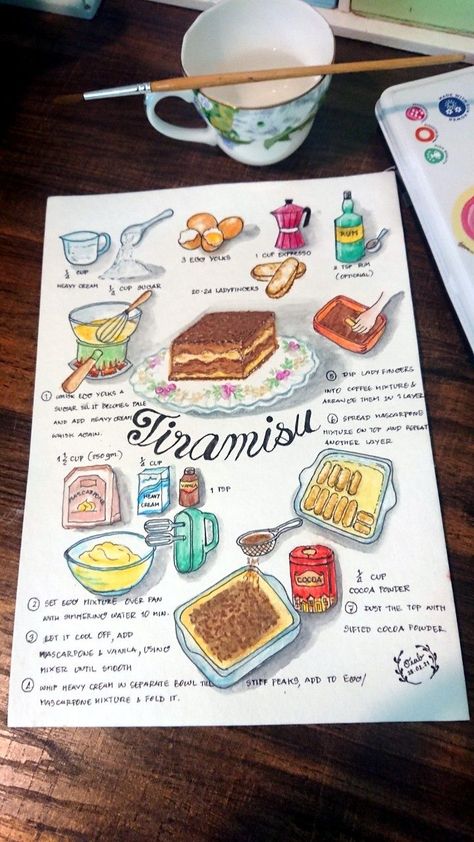 Collage Food Recipes, Recipe Aesthetic Book, Recipe Book Design Ideas, Illustrated Recipe Book, Recipe Book Illustration, Cook Book Design Diy, Tiramisu Drawing, Cookbook Drawings, Recipe Journal Ideas Layout