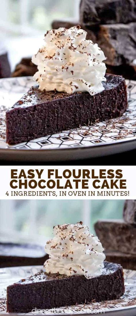 Flourless Chocolate Cake with just 4 ingredients and 5 minutes of prep time. Perfect for Passover, Easter or anytime you want the richest, easiest cake. #cake #chocolate #chocolatecake #flourless #gf #gluten-free #kidfriendly #dessert #dinnerthendessert 4 Ingredient Flourless Chocolate Cake, Chocolate Cake Flourless, Flour Less Chocolate Cake, Passover Flourless Chocolate Cake, Flourless Chocolate Tart, 4 Ingredient Chocolate Cake, Flourless Chocolate Desserts, Gluten Free Flourless Desserts, Gf Chocolate Desserts