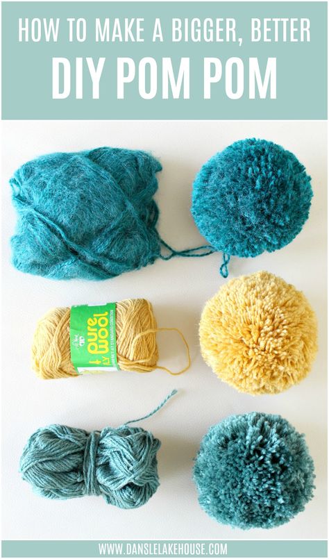 Inspired by pom pom crafts? Check out this AWESOME DIY Pom Pom making tutorial and learn how to make bigger, better pom poms. You'll find thorough advice, from what kind of yarn makes the best pom poms to how to make more dense pom poms and how to trim pom poms for a perfect round shape. Everything you need to know about making pom poms in one easy tutorial packed with tons of photos and examples. Learn how to make the perfect pom poms for your pom pom projects! #pompoms #yarncrafts #crafting Best Yarn For Pom Poms, Giant Pom Pom Diy, Diy Pom Pom Rug, Fluffy Pom Poms, Pom Pom Tutorial, Pompon Diy, Pom Crafts, Diy Pom Poms, Pom Pom Rug