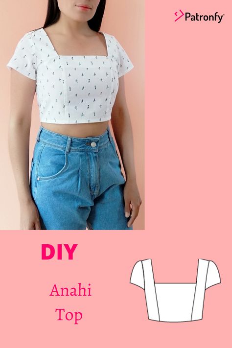 Square Neckline Top Pattern, Simple Crop Top Sewing Pattern, Diy Top Aesthetic, Simple Crop Top Designs, Crop Top Pattern Sewing Free, Square Neck Top Pattern Sewing, Patron Crop Top Couture, How To Make Crop Tops Diy, Sewing Crop Top