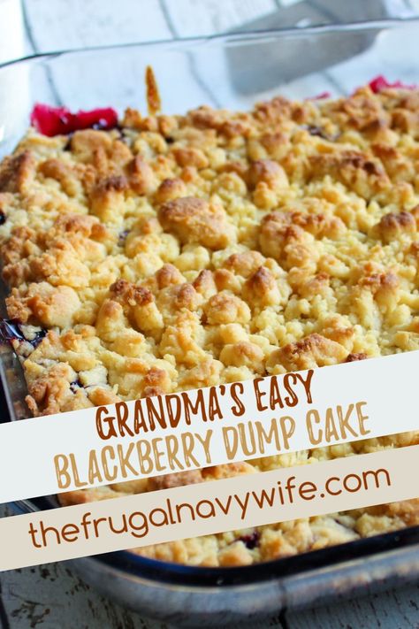 I have many dessert recipes but none are easier than Grandma's Easy Blackberry Dump Cake Recipe. Dump, mix, bake. Simple. 3 ingredients! YUM! #frugalnavywife #dumpcake #dumprecipe #desserts #easydesserts #grandmasrecipe #blackberryrecipe | Dump Cake Recipes | Easy Dessert Recipes | Cake Recipes | Fruit Recipes | 3 Ingredient Dessert Recipes | Grandmas Recipes | Dessert Recipes Dump Cake Recipes Easy, Blackberry Dump Cake, Dessert Recipes Cake, Hot Fudge Cake, Dump Cake Recipe, Recipes Fruit, Homemade Strawberry Sauce, Blackberry Recipes, Dump Meals