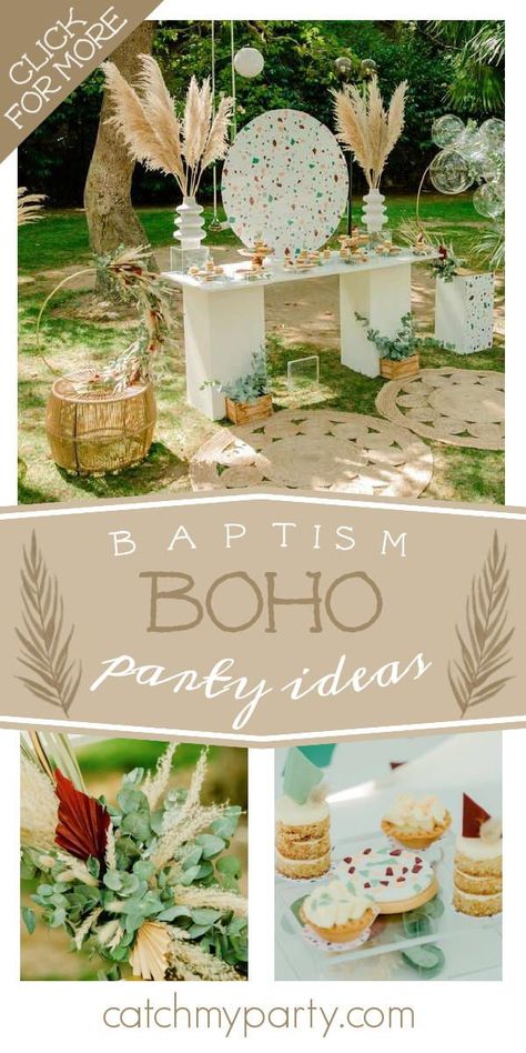 Take a look at this gorgeous garden boho baptism! The party food is amazing! See more party ideas and share yours at CatchMyParty.com Bohemian 21st Birthday Party, Boho Party Ideas Decoration, Boho Food Ideas, Adult Baptism Party Ideas, Boho Bday Party Ideas, Boho Chic Party Ideas Decoration, Boho Birthday Party Adult, Boho Baptism Decorations, Boho Food Table