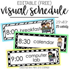 FREE * Use this editable visual schedule to create individual or whole group schedules for your classroom. What is included? • 20 editable visual schedule cards with pictures Cards measure 2.5"x8.3" in size. Mount on colorful paper Classroom Visual Schedule Free Printable, Daycare Visual Schedule Free Printable, Free Class Schedule Printable Editable, Editable Visual Schedule Free, Classroom Schedule Cards Free Editable, Free Schedule Template, Preschool Visual Schedule Free Printable, Preschool Schedule Printable, Preschool Visual Schedule