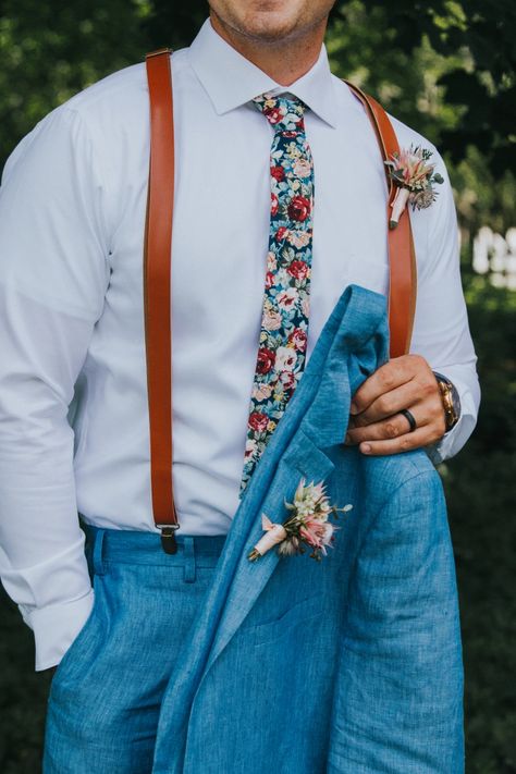 Men’s Floral Tie Wedding, Floral Tie Suspenders Wedding, Men’s Floral Wedding Outfit, Wedding Suit With Floral Tie, Colourful Groomsmen Attire, Groomsman Floral Tie, Navy Blue Suit With Floral Tie, Blue Suit Floral Tie Wedding, Blue Floral Groomsmen