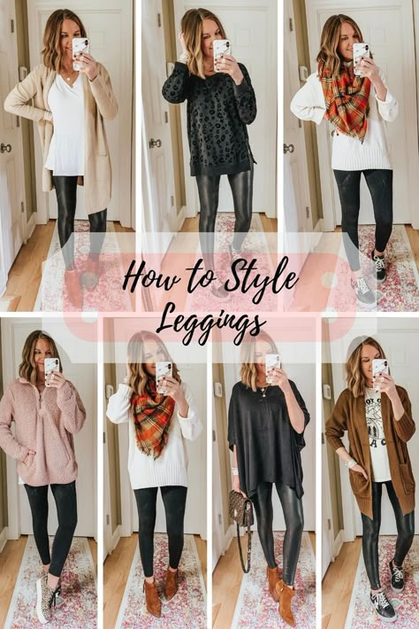 How to Style Leggings #legingsoutfits #camo #leopard #fauxleatherleggings Leggings For Fall, Faux Leather Leggings Outfit, Outfits Leggins, Leggings Outfit Fall, Leather Leggings Outfit, Look Legging, Black Leggings Outfit, Leggings Outfits, Style Leggings