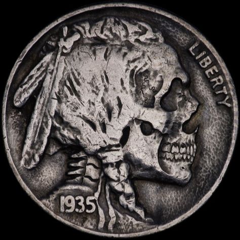 Completely HAND carved by Seth Basista. A detailed human skull carving with spine, hammered textured background, and an antique added patina on an authentic buffalo nickel. Hand engraved logo on the back of the coin. I also try and hand select the best condition nickels from my collection to carve, all of which show a full date, and most of the details of the original host coin itself. PLEASE NOTE: These are made to order. The photos are used as reference of previous examples extremely simila... Hobo Nickel, Iron Spider, Buffalo Nickel, Virtual Museum, Small Words, Human Skull, Skull Carving, Skull Jewelry, Engraved Logo