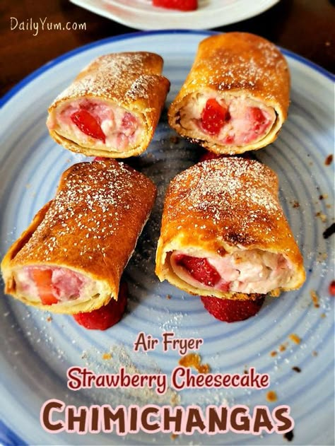 Strawberry Desserts Air Fryer, Cheesecake Chimichangas Air Fryer, Strawberry Air Fryer Recipes, Air Fryer Strawberries Recipes, Air Fryer Munchies, Air Fryer Strawberries, Strawberry Chimichanga, Air Fryer Sweets, 2023 Hairstyles For Women