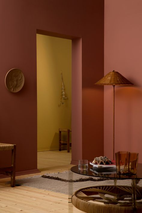 Colour Of The Year 2023, 60s Interior, Mustard Yellow Walls, Bold Living Room, Living Room Wall Color, Room Wall Colors, Kitchen Wall Colors, Interior Design Color, Pink Living Room