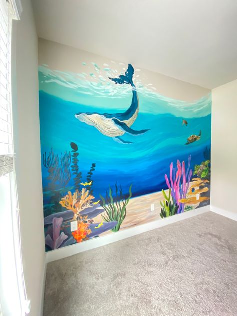 Located in Gainesville, GA! Under The Sea Murals Ocean Themes, Underwater Wall Painting, Underwater Wall Mural Painting, Mural Sea Wall Art, Sea Creature Mural, Ocean Painted Wall, Ocean Wall Paint, Under The Sea Wall Decor, Ocean Wall Mural Painting