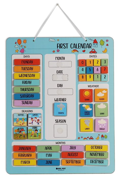 Inkdotpot My First Calendar Board For Kids, Preschool Wall Hanging Month/Date/Day/Weather/Season (42 Pieces); Classroom Learning Calendar Board, 14.5 x 11.5 inches (Turqouise Blue) How To Make A Calendar, Literacy Rich Classroom, Home Classroom Ideas, My First Calendar, Time Management For Kids, Laminating Crafts, Toddler Calendar, Daycare Room Design, Head Start Classroom