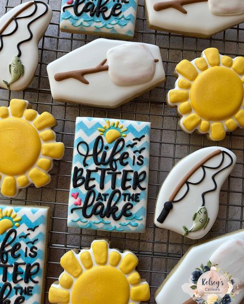 River Cookies Decorated, Lake House Cookies Decorated, Lake Theme Cookies Decorated, Lake Cookie Ideas, Lake Decorated Cookies, Vacation Cookies, Cookies Summer, Sunshine Cookies, Summer Sugar Cookies