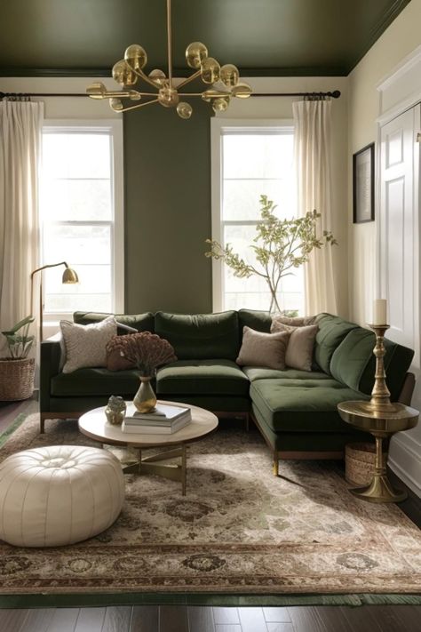 Colorful Living Room Designs, Brown And Green Living Room, Dark Green Couches, Bay Window Sofa, Gray Room Ideas, Window Sofa, Color In Interior Design, Earth Tone Living Room, Room Oasis