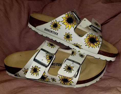 Painted Birkenstocks, White Birkenstocks, Cute Sneakers, Sunflower Painting, Painted Shoes, Girls Dream, Diy Shoes, Every Girl, Summer Essentials