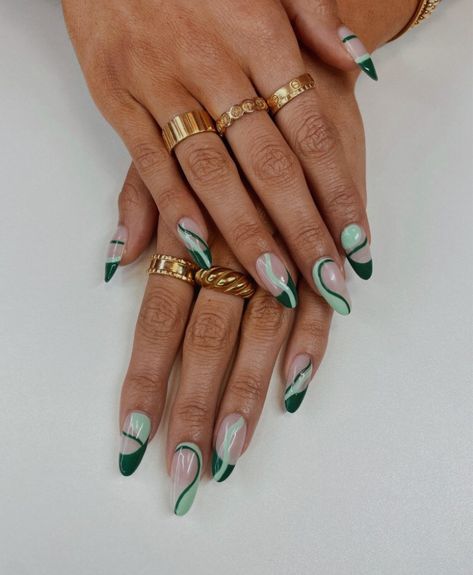 Green Boho Nails, Quirky French Tip Nails, Almond Nails Brown And Green, Green Abstract Nails, Swirly Nail Designs Green, Earth Tone Nails Designs, Hippie Nails Boho, Funky Green Nail Designs, Groovy Green Nails