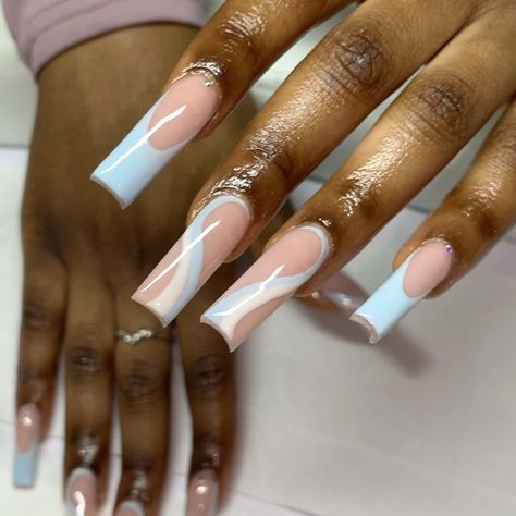 Blue Prom Nails, Women Nail Art, Long Coffin Nails, Birthday Nail, Summer Acrylic, Light Blue Nails, Acrylic Nail Set, Blue Acrylic Nails, Drip Nails