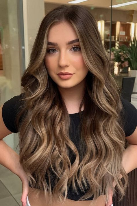 This long wavy balayage hairstyle combines dark brown roots with soft blonde accents, creating a trendy and dynamic look. The waves flow effortlessly, adding texture and volume to the hair, while the blonde highlights enhance the natural movement and brightness. This style is perfect for those wanting a modern, sun-kissed look with depth and dimension. Tone Hair Color, Chocolate Roots With Blonde Hair, Caramel Highlights For Dark Brown Hair, Brunette Balayage Hair Caramel Honey, Hair Color Ideas For Fair Skin, Soft Brown Hair With Highlights, Balayage Light Brown Hair, Brown And Caramel Highlights, Caramel Balayage On Dark Hair