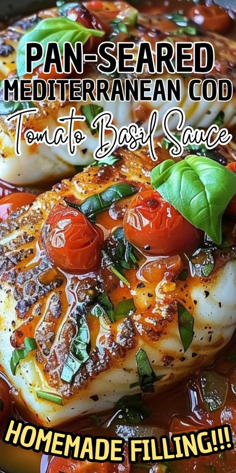 Pan-Seared Mediterranean Cod in Tomato Basil Sauce Mediterranean Cod, Honeymoon In Greece, Cod Dishes, Cod Fillets, Cod Fish Recipes, Tomato Basil Sauce, Basil Sauce, Cod Recipes, Juicy Tomatoes