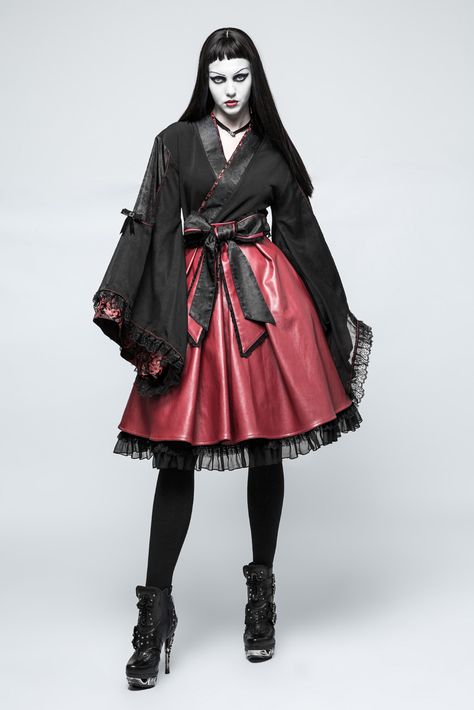 Red vegan leather and black kimono dress with obi belt and bow, gothic lolita Goth Kimono, Hakama Kimono, Black Kimono Dress, Gothic Dresses, Sports Wear Fashion, Kimono Outfit, Long Sleeve Kimono, Black Kimono, Punk Rave