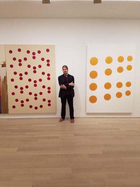 John Armleder stands between two of his "dot" paintings, at the Almine Rech Gallery in New York City John Armleder, Dot Painting, Dots Art, Abstract Art Painting, The Whole, York City, New York City, Abstract Art, Art Painting