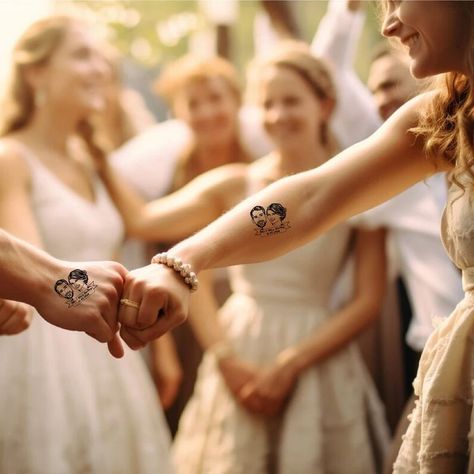 I have tattooed countless wedding guests with temporary tattoos. 😍 Newlyweds often let me know that tattoos featuring their portraits were a huge hit. I am delighted that my temporary tattoos can add variety to the wedding party. -- #TemporaryTattooTrend #WeddingFunWithInk #PortraitTattoosHit #UniqueWeddingIdeas #InkedGuests #MemorableWeddingInk #CustomWeddingTattoos #WeddingPartyTattoos #NewlywedsInInk #CelebratoryTattoos -- Temporary Tattoos, Wedding Guests Newlyweds’ Portraits, Wedding Par... Wedding Temporary Tattoos, Tattoo Wedding, Portrait Tattoos, Custom Temporary Tattoos, Tattoos Unique, Custom Wedding Favours, Face Tattoos, Wedding Tattoos, Unique Wedding Favors