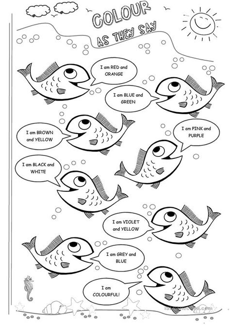 English Primary School, Fish Coloring, Coloring Worksheet, English Teaching Resources, English Activities For Kids, English For Beginners, English Exercises, Worksheet For Kids, Esl Activities