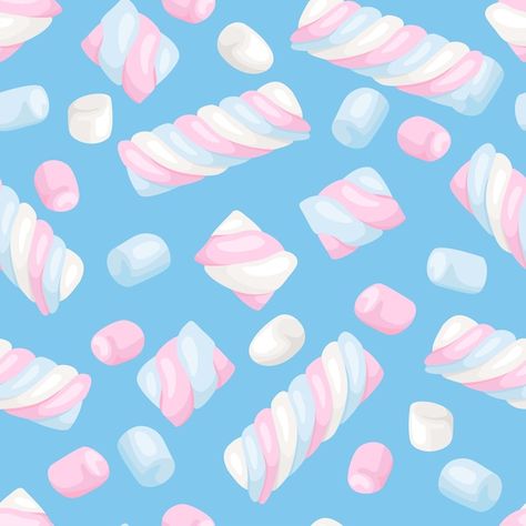 Candy Drawing, French Wallpaper, Pink Marshmallows, Cloud Illustration, Food Drawing, Marshmallows, Vector Photo, Blue Background, Design Inspo