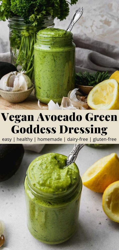 This avocado green goddess dressing is filled with nourishing, healthy fats and fresh herbs. It adds a creamy texture and refreshing flavour to SO many different dishes! Recipe is vegan, gluten-free, and incredibly quick + easy to make. Vegan Salad Dressing Recipes, Goddess Dressing Recipe, Dressing Healthy, Salad Dressing Recipes Healthy, Vegan Salad Dressing, Goddess Dressing, Vegan Dressing, Green Goddess Dressing, Salad Dressing Recipes Homemade