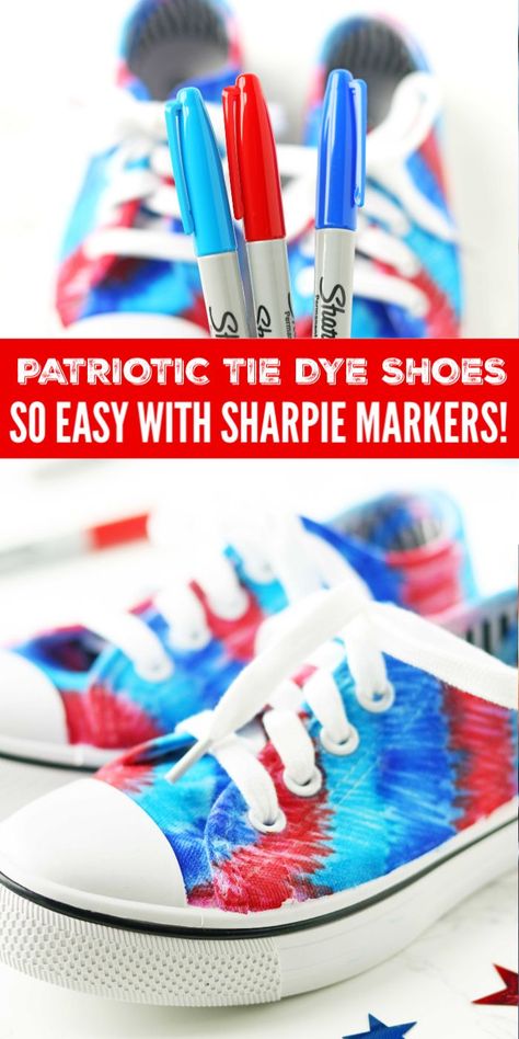 Sharpie Patriotic Tie Dye Shoes is the perfect way to get your shoes ready to watch the 4th of July fireworks. Grab a pair of white shoes, some markers and get to creating this fun patriotic custom shoe. A fun red white and blue shoes craft! #passion4savings #4thofjuly #craft #diy #project #redwhiteblue #festive #sharpie #whiteshoes #shoecraft Sharpie Shoes Designs, Sharpie Canvas, Shoe Customization, Red White And Blue Tie Dye, Patriotic Tie Dye, Sharpie Shoes, Shoes Craft, Sharpie Tie Dye, Dye Shoes