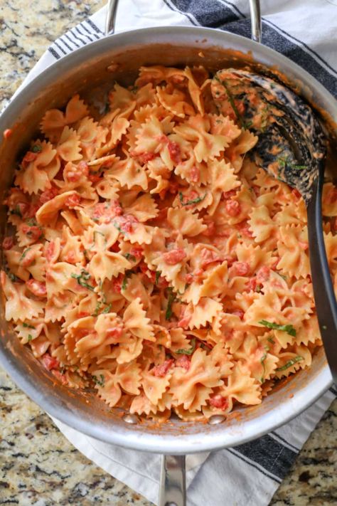 I love a simple and fast weeknight meal and this Bow Tie Pasta recipe absolutely fits the bill. The bow ties are cooked and then tossed with a creamy tomato sauce with parmesan cheese and fresh basil. SO SO good! #pasta #dinner #easy #quick #kidfriendly Bow Tie Pasta Meals, Bow Tie Pasta With Marinara Sauce, Now Tie Pasta Recipes, Chicken Bow Tie Pasta Recipes, Creamy Bowtie Pasta Recipes, Bow Pasta Recipes, Chicken Bow Tie Pasta, Bowtie Pasta Recipes, Bow Tie Pasta Recipes