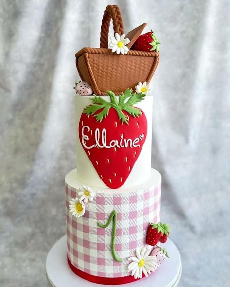 Strawberries Birthday Cake, Picnic Theme Cake, Farmer Birthday Cake, Strawberry Theme Cake, Strawberry Shortcake Theme Cake, Strawberry Themed Cake, Berry First Birthday Cake, Teddy Bear Picnic Birthday Party, Berry Birthday