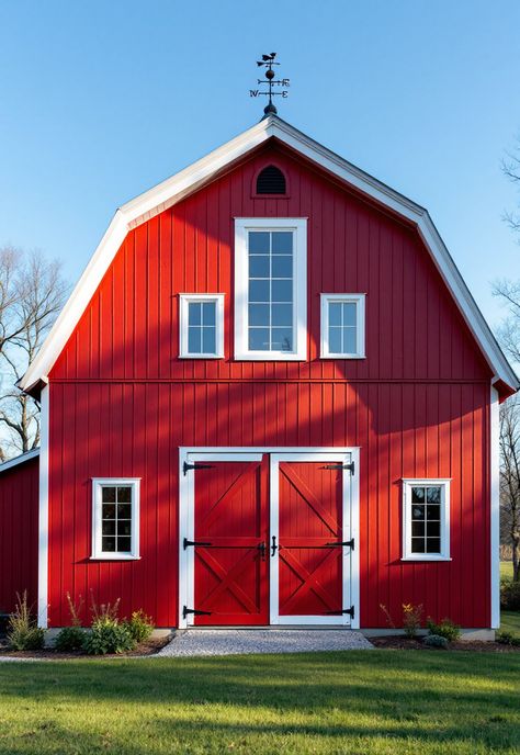 Barn Style House Ideas Red Farmhouse Exterior, Gambrel Style House, Gambrel Barn House, Timber Frame Barn Homes, Red Barn House, Barn Architecture, Small Barn Home, Barn Exterior, Barn Windows