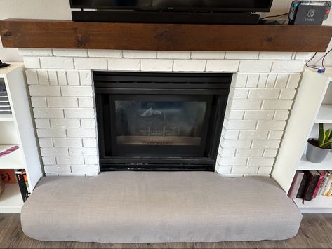 Transformation from dangerous brick bench to comfy safe fireplace seat! #diy #diyproject #homemade Homemade Fireplace, Diy Bench Seat, Toddler Proofing, Brick Hearth, Padded Bench, Fireplace Seating, Fireplace Cover, Plywood Boxes, Fireplace Hearth