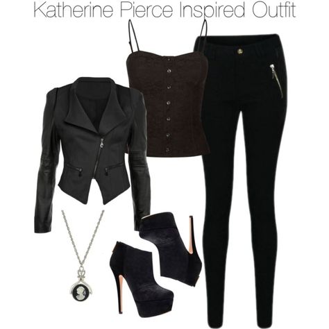 Inspired by the Vampire Diaries TV show. I love this outfit BUT I would need a different shirt. Everything else is perfect! Katherine Pierce Outfits, Vampire Diaries Outfits, Vampire Clothes, Movie Inspired Outfits, Diy Kostüm, Character Inspired Outfits, Black Clothes, Tv Show Outfits, Katherine Pierce