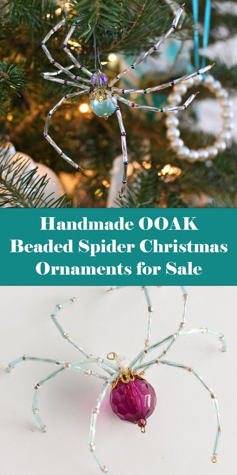 Beaded spider Christmas tree ornaments for sale. Christmas Spider Ornament Diy, Spider Ornament Diy, Yule Spider, Diy Tree Decorations, Spider Beads, Bead Spiders, Tree Ornament Ideas, Cricut Christmas Ornaments, Ornaments For Kids To Make