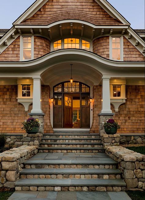 Country Abode | TMS Architects Portico Design, Exterior House Colors With Brown Roof, Cement Siding, Shingle Style Homes, Shingle Exterior, Ranch Style House Plans, Cottage Exterior, Tudor House, Fiber Cement