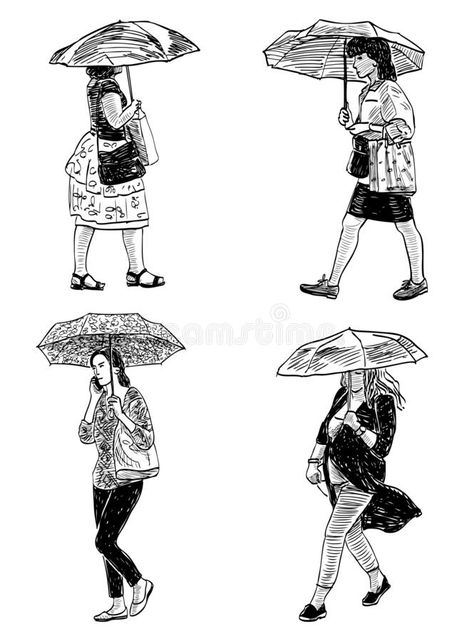 Person Walking With Umbrella, Walking Doodle, Walking With Umbrella, Nike Photoshoot, Weather Illustration, Crowd Drawing, Rainy Friday, Umbrella Drawing, Umbrella Illustration