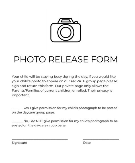 Home Daycare Forms Printables Parents, Daycare Photo Release Form, Permission To Photograph Daycare Form, Parent Handbook Daycare, In Home Daycare Contract Free Printable, Daycare Forms Printable Free, Important Daycare Forms, Late Fee Notice Daycare, Daycare Contract Forms