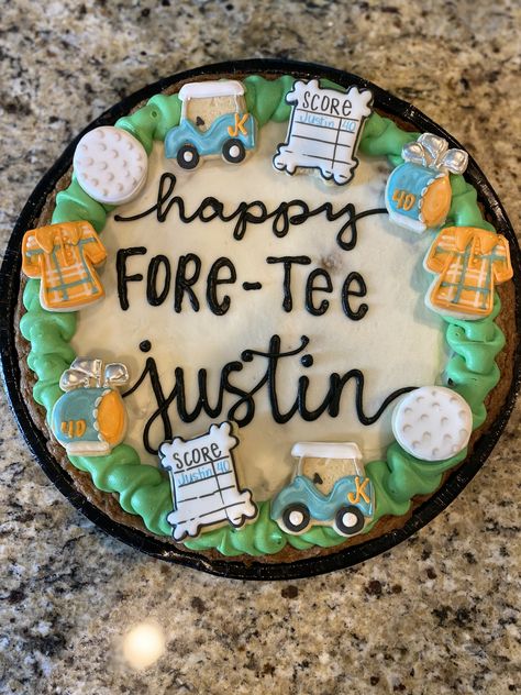 Golf Cookies Buttercream, Golf Cookie Cake Ideas, Golf Themed Cookie Cake, Fore Tee Birthday Cake, 30th Birthday Cookie Cake, Golf Cookie Cake, 40th Birthday Golf Theme, Chocolate Chip Birthday Cake, Mini Cookie Cake